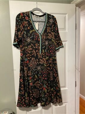 Anthropologie Black Floral Midi Dress with Turquoise Trim